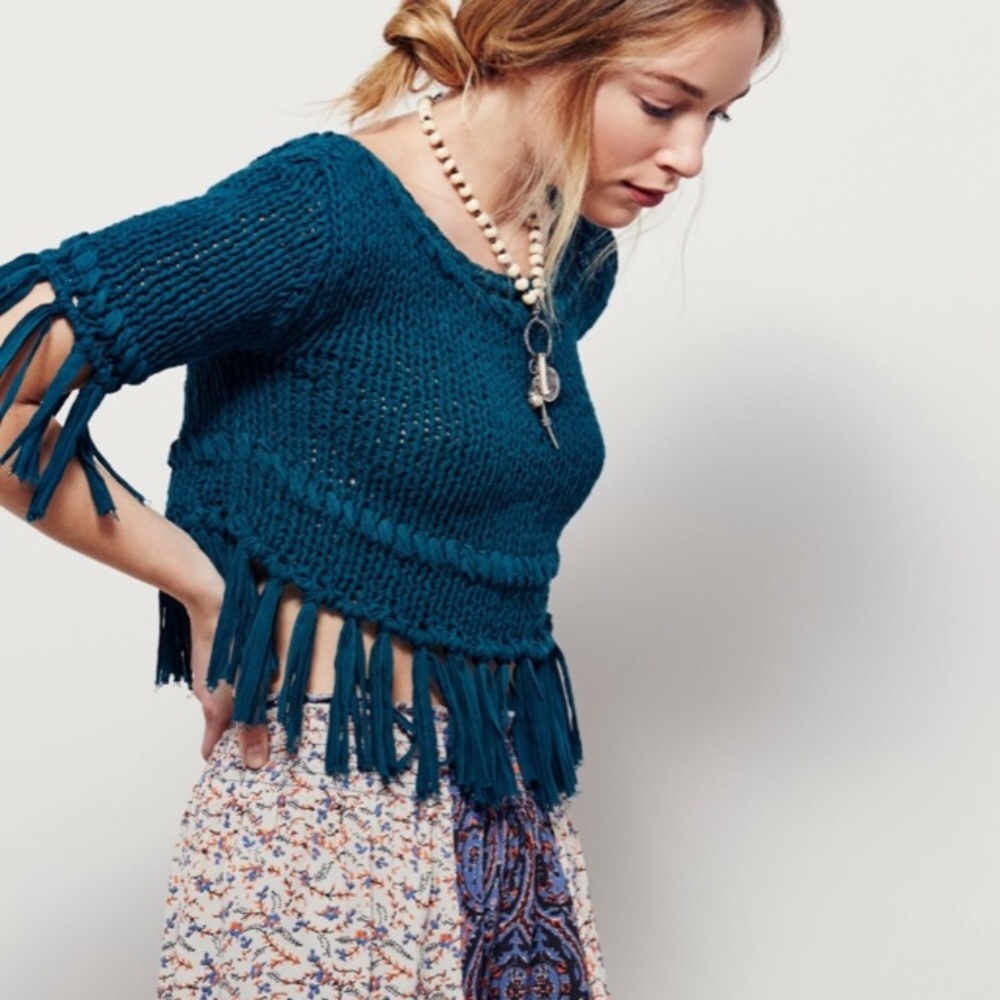 Fringy Teal Free People Poncho